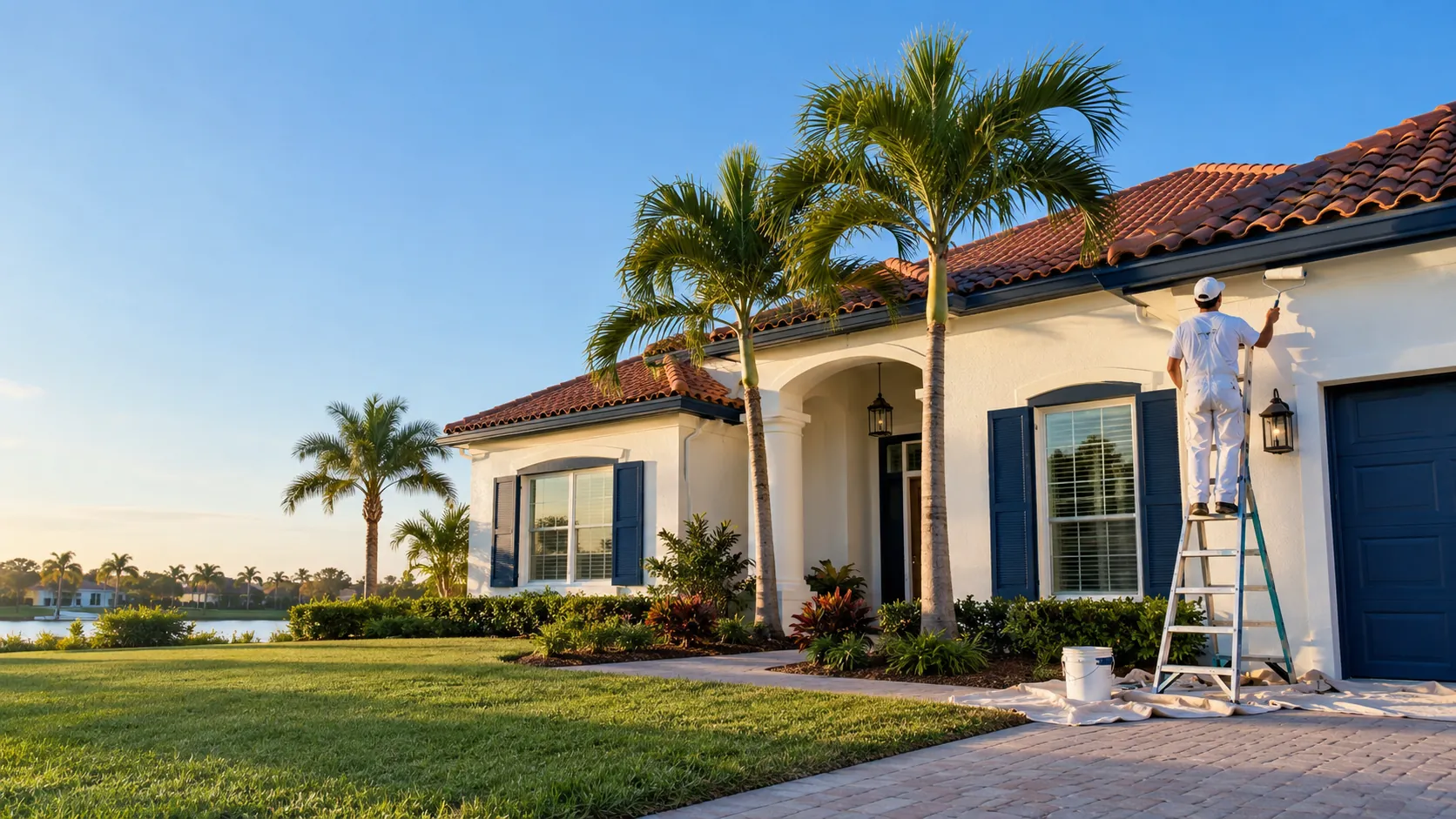 Painter rolling the fascia of a white stucco home with navy shutters and palm trees in Florida